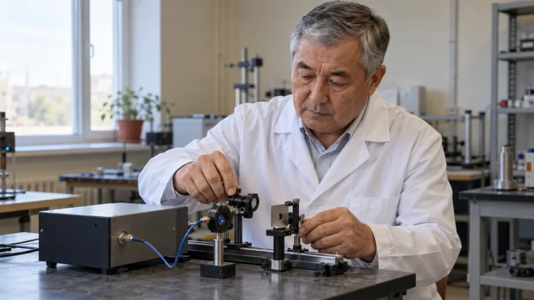Kuanyshbek Shunkeyev beside the spectral instrument in a laboratory at the Radiation Physics of Materials research centre in Aktobe. Documentary photograph showing the actual equipment, with no text.