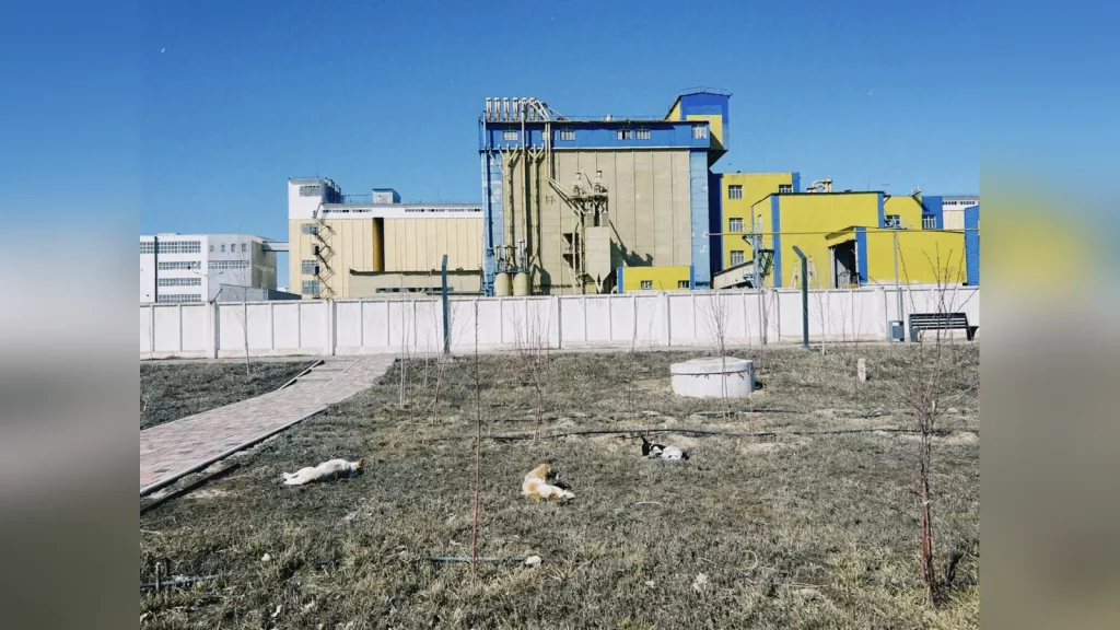 Реальная строительная площадка CAPITAL PLAST KZ в индустриальной зоне Актобе: рабочий в каске на фоне металлических конструкций производственного корпуса. Без текста.