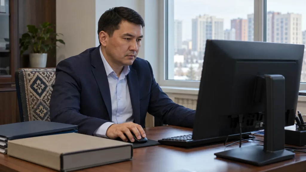 An enforcement officer at a desk in an office in Kazakhstan, with a computer and document folders nearby. No readable personal data or text on the cover image.