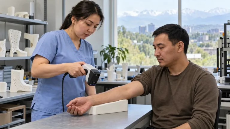A laboratory specialist in Almaty performs a 3D scan of an adult patient’s limb, with the patient, specialist, scanner and workspace in view. No text.