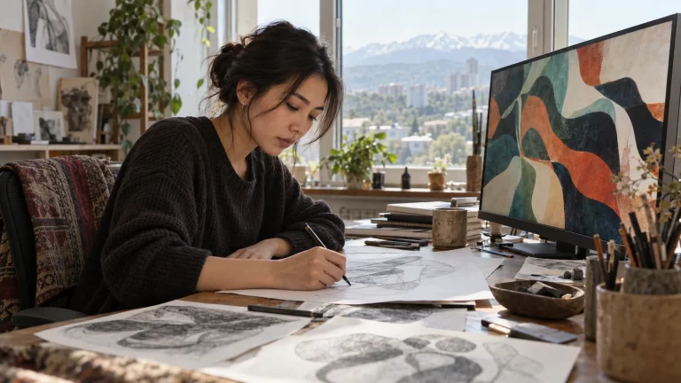 A Kazakhstani designer at a desk in an Almaty studio, with paper sketches and drawings beside a computer displaying abstract graphic art. Candid documentary photograph with no text or logos.