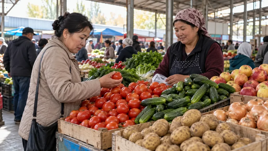 A shopper at a food stall in a market in Kazakhstan. A candid everyday scene in natural light, with no text or charts.