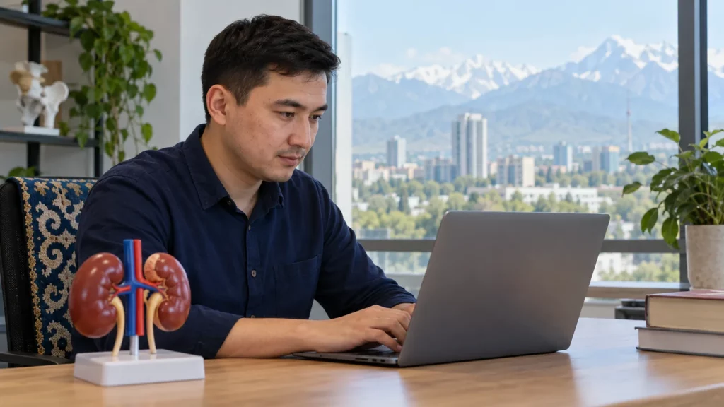 Asylzhan Abdullayev working at a laptop in a workspace in Kazakhstan. A documentary portrait in natural light, with no text or visible medical data.