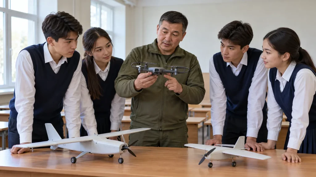 Illustrative scene in a classroom at a school in Kazakhstan: a teacher shows older students a training drone, with model aircraft nearby. No text.