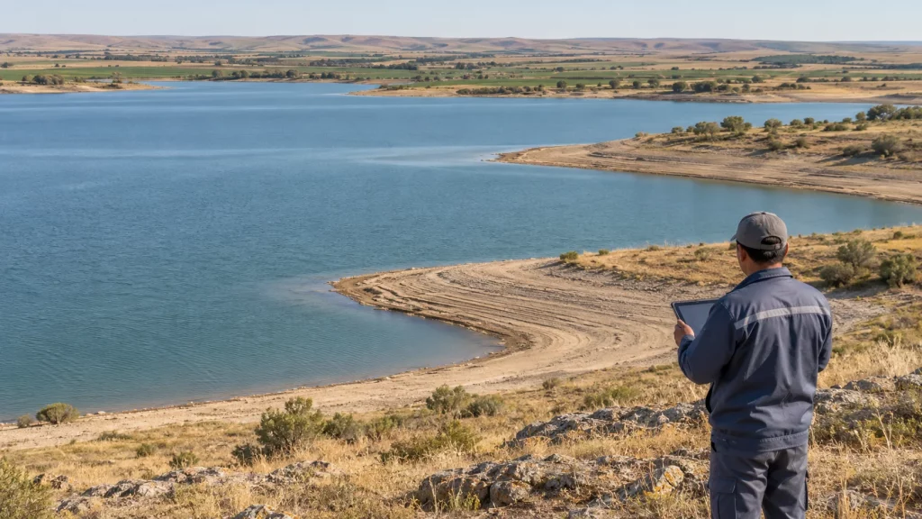 Гидролог с планшетом контролирует уровень воды в степном водохранилище