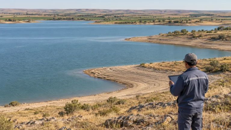Hydrologist monitoring water levels at an arid steppe reservoir using a digital tablet