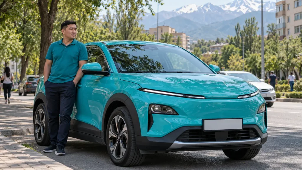 Алматы көшесінде Green SM сервисінің VinFast VF 6 электр кроссоверінің жанында тұрған жүргізуші. Қаланың күнделікті тіршілігі, суретте жазу жоқ.