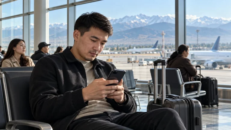 A passenger holding a smartphone in the departure lounge at Almaty airport, with terminal windows and other travelers in the background. No text or fictional payment interfaces.