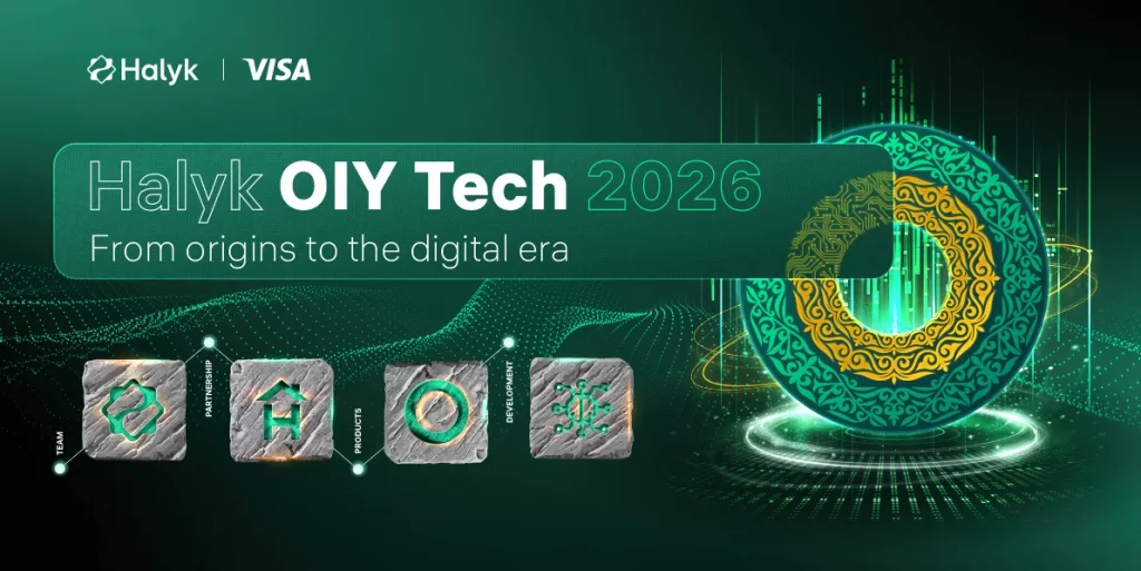 Официальный баннер конференции Halyk OIY Tech 2026 в КБТУ с логотипами Halyk и Visa