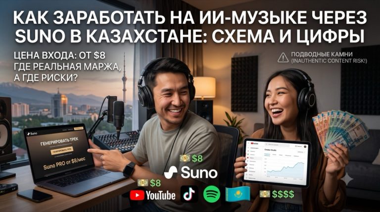 Как заработать на ИИ-музыке через Suno в Казахстане: разбор схемы, цифры, подводные камни
