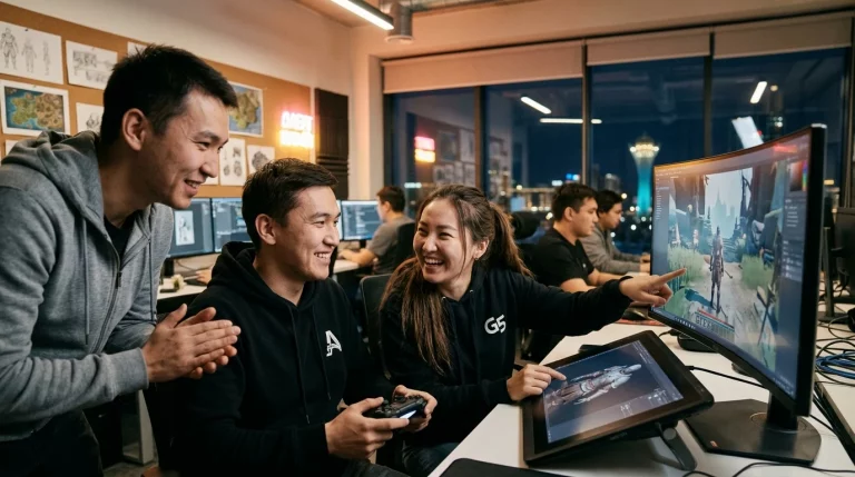 Video game software developers playtesting in a Kazakhstani game development studio