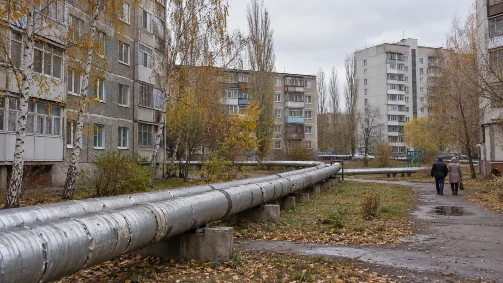 Документальная панорама Кокшетау с жилыми кварталами и отопительными трубами, прохладный осенний день, без текста. Будущую ТЭЦ не изображать как уже построенную.