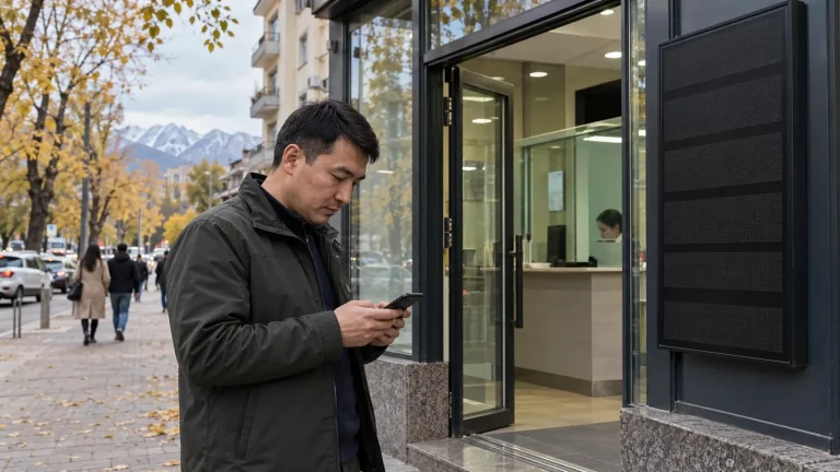 Человек у входа в уличный обменный пункт в Алматы проверяет телефон. Документальная фотография при естественном свете, без текста, логотипов и читаемых цифр.