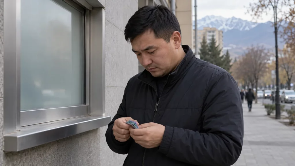 A street scene in Almaty: a person counts tenge outside a currency exchange office, with the city in the background. No text or readable exchange rate boards.