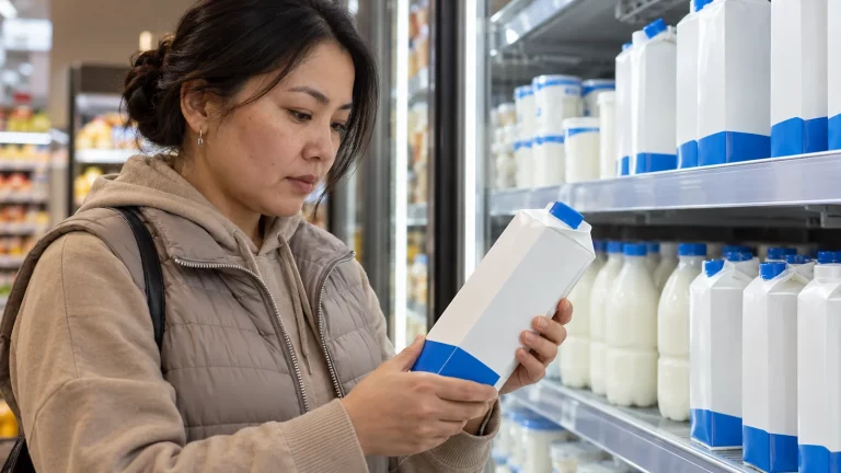 A shopper holding a carton of milk beside a refrigerated milk display in a grocery store in Kazakhstan, in a candid everyday scene with no added text.