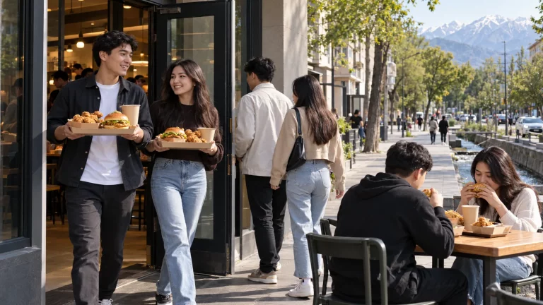 A lively street scene in Almaty, with customers at a café entrance and the surrounding city in view.