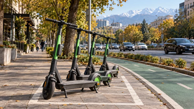 Parked commercial e-scooters belonging to Bolt and JET alongside a protected cycle lane in Almaty