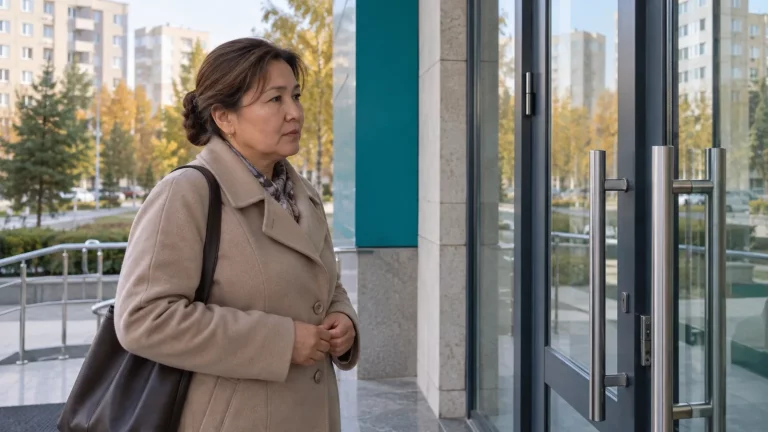 Documentary photograph of a person at the entrance to an Otbasy Bank branch in Kazakhstan, with no text or graphic overlays.