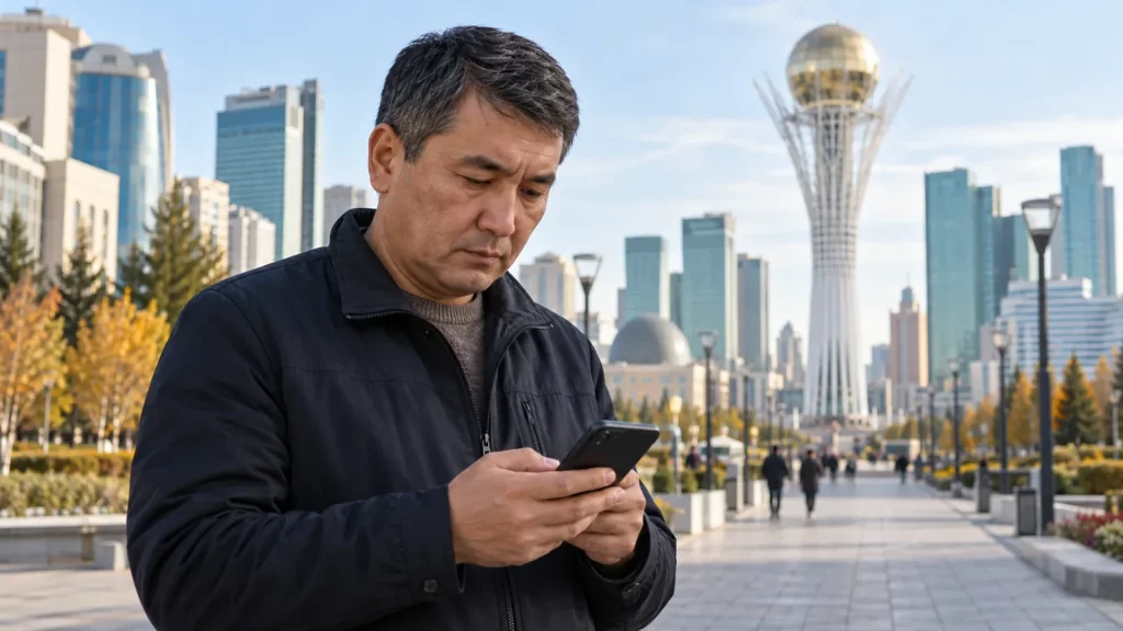 Астана көшесінде смартфонына қарап тұрған орта жастағы адам, артқы көріністе қаланың танымал ғимараттары. Табиғи күндізгі жарықта түсірілген деректі фотосурет, мәтін жоқ.