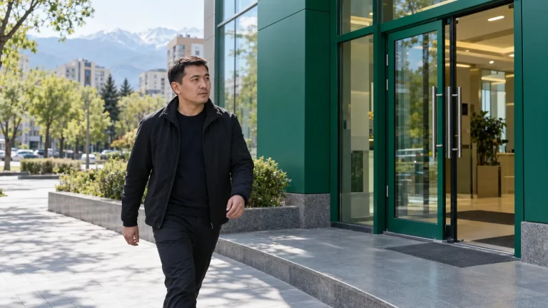 A person walks past a Halyk Bank branch on a street in Almaty, with city buildings in the background. Natural daylight, with no added text or charts.