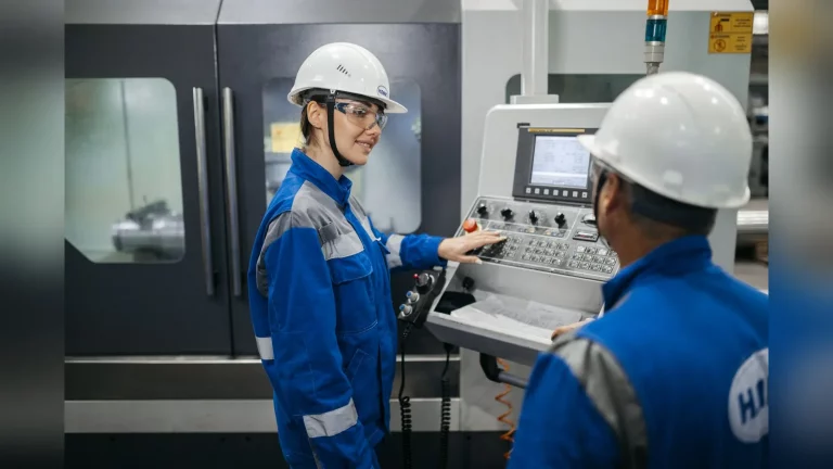Қазақстандағы Qarmet немесе Allur өндіріс алаңында жұмыс киімімен жүрген жас маман. Артқы планда жабдықтар көрінеді, жұмыс қызу жүріп жатыр, суретте мәтін жоқ.