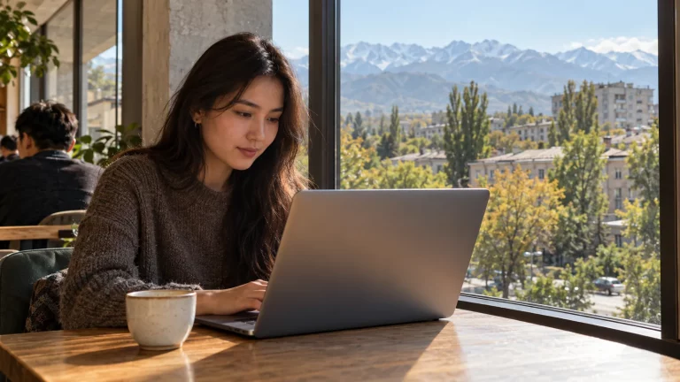 Человек за ноутбуком в кафе Алматы, естественный дневной свет, за окном узнаваемая городская улица. Экран без читаемых надписей, обложка без текста.