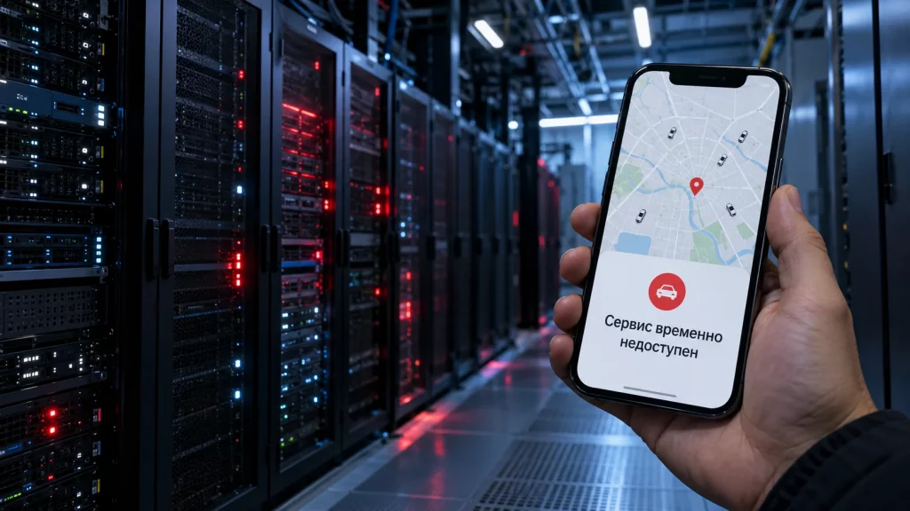Серверная стойка дата-центра и сбой в работе онлайн-сервисов Яндекс