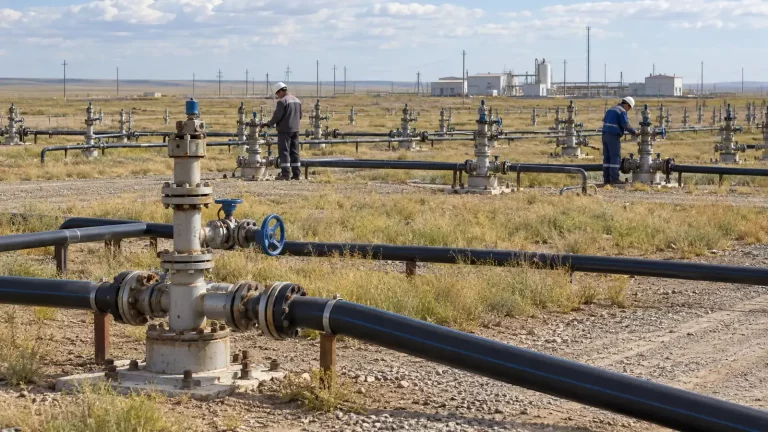 An industrial site at Kazakhstan’s Semizbay mine, with borehole equipment against a steppe backdrop and no text.