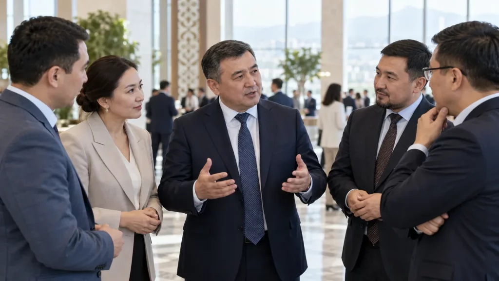 News photograph of Olzhas Bektenov speaking with participants at an investment forum in Shymkent, with no text or graphic overlays.