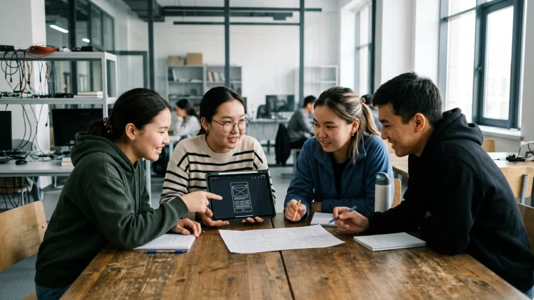 A research group collaborating on a human computer interaction project in a lab