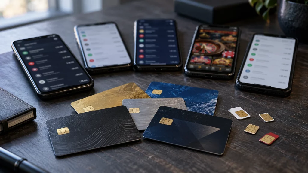 Банковские карты, смартфоны и SIM-карты дропперов, изъятые АФМ РК по делу о нелегальных онлайн-казино