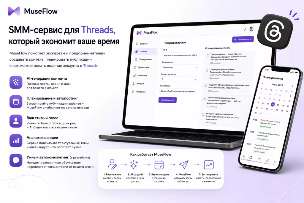Интерфейс сервиса MuseFlow — управление контентом в Threads через AI