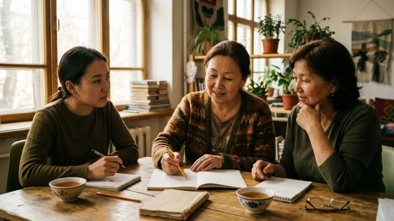 Community advocates collaborating around a wooden table in an office