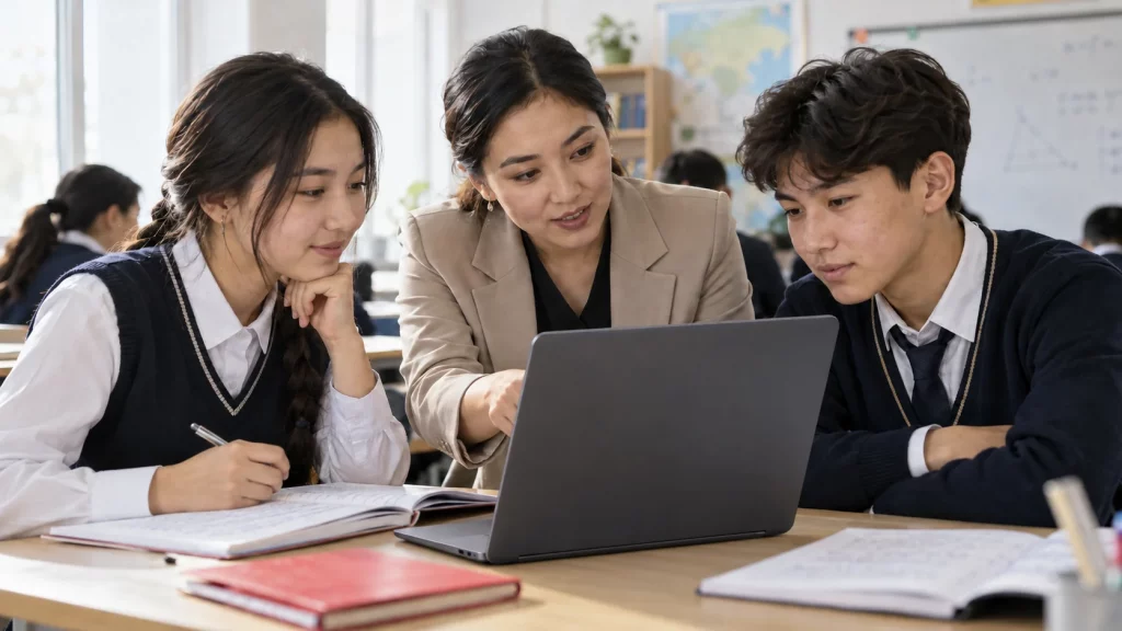 Students utilizing laptops and educational AI software during class in Kazakhstan