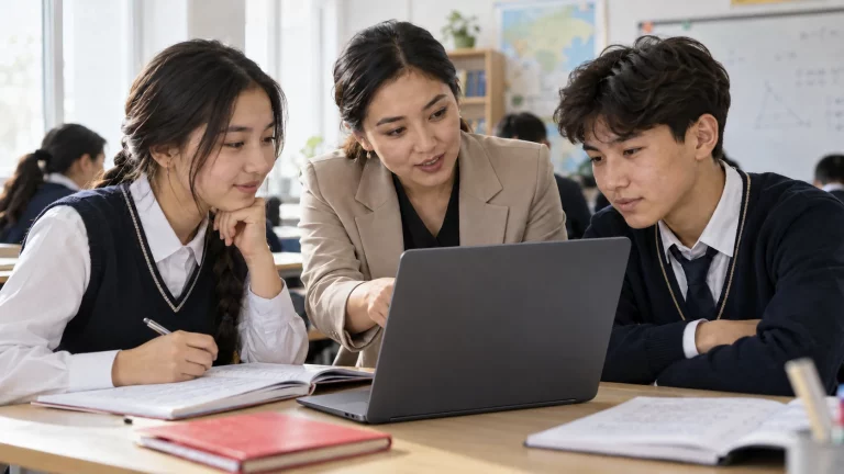 Students utilizing laptops and educational AI software during class in Kazakhstan